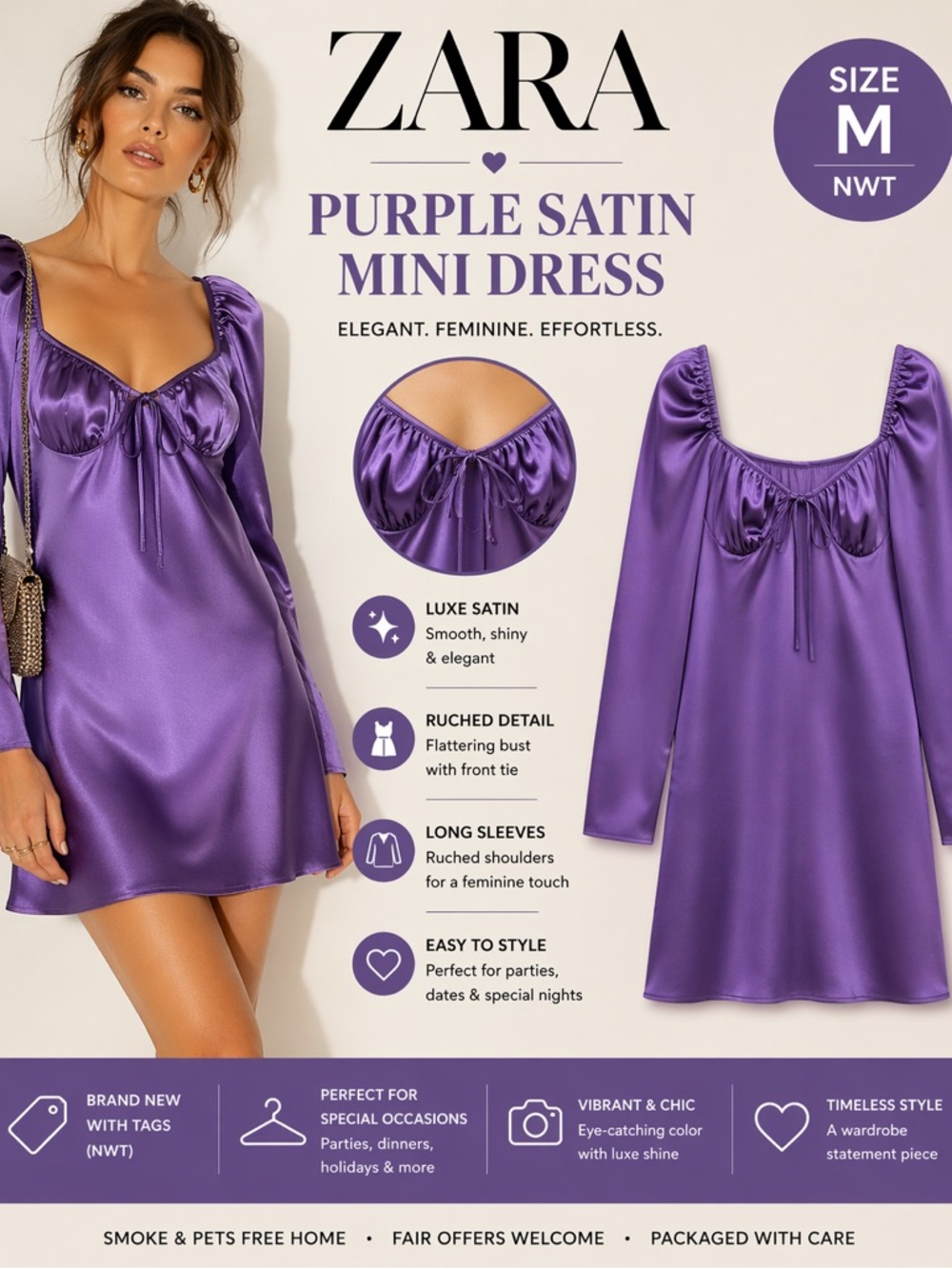 ZARA Purple Satin Mini Dress Long Sleeve Size M NWT